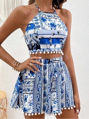 SHEIN VCAY Blue & White Floral Halter Top and Shorts Set with Pom Poms - S